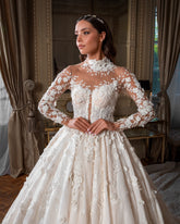 Stunning White High-Neck Ball Gown Beaded Long Sleeves Cathedral Train Lace Wedding Dresses With Appliques